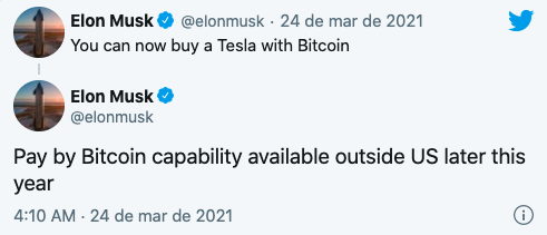 Tweets de Elon Musk sobre Tesla e o Bitcoin