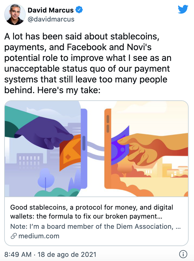 tuíte David Marcus sobre a Novi e o Facebook